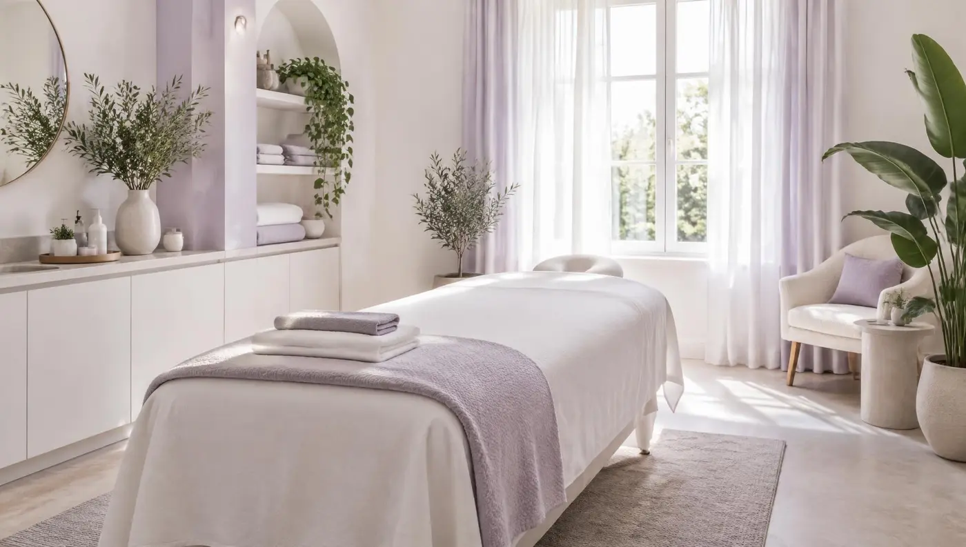 Cabina estetica luminosa con lettino, asciugamani lilla e piante
