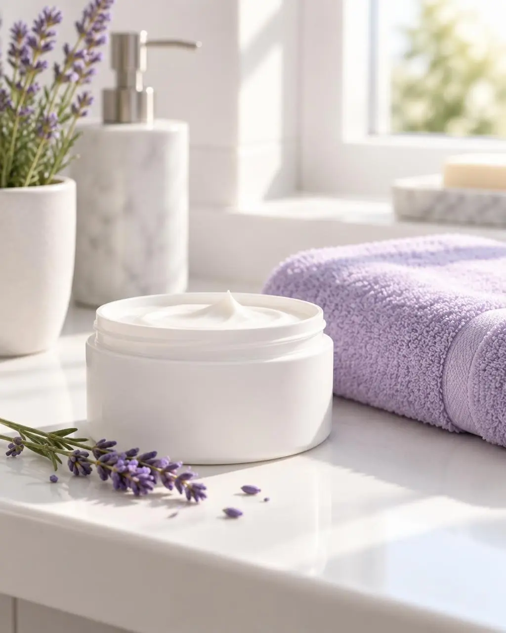 Vasetto di crema per piedi e asciugamano lilla su una mensola del bagno
