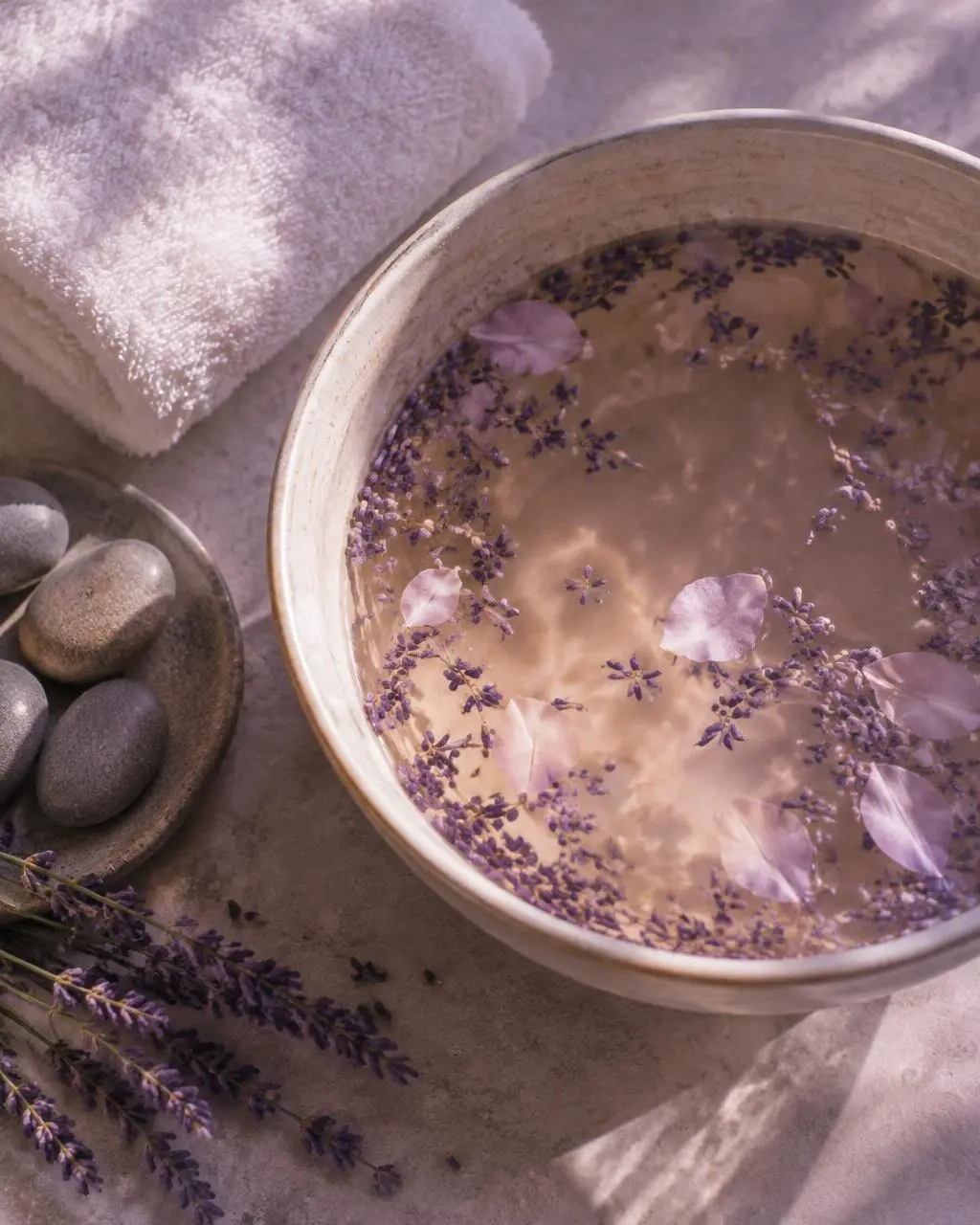 Bacinella in ceramica con acqua tiepida, lavanda e petali