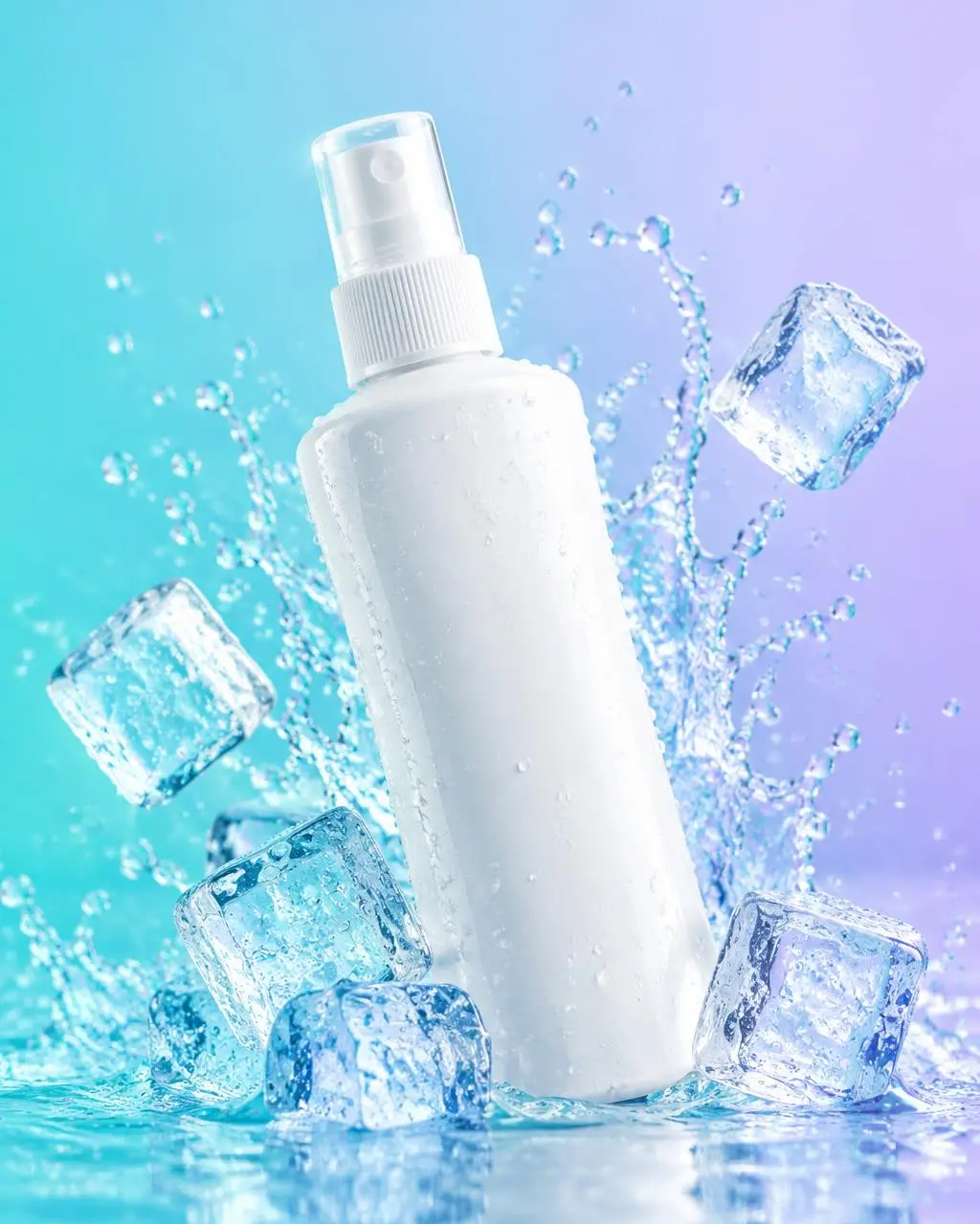Spray doposole bianco tra cubetti di ghiaccio e spruzzi d'acqua