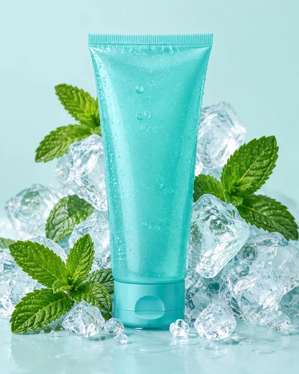 Tubetto di gel gambe effetto freddo tra ghiaccio e foglie di menta